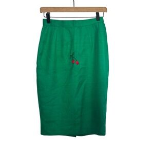 St. Gillian Vintage Skirt Kelly‎ Green 100% Silk Pencil Red Cherry Embroidered 4
